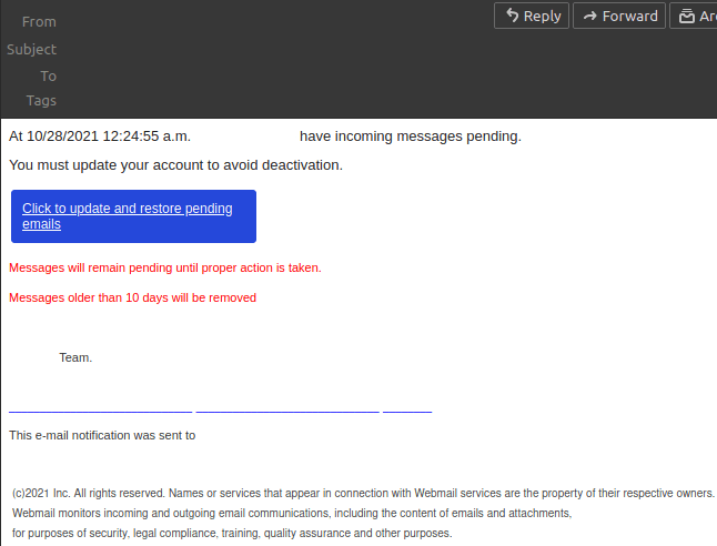 Example phishing email claiming a user's disk space is critically low, with a prompt to act immediately