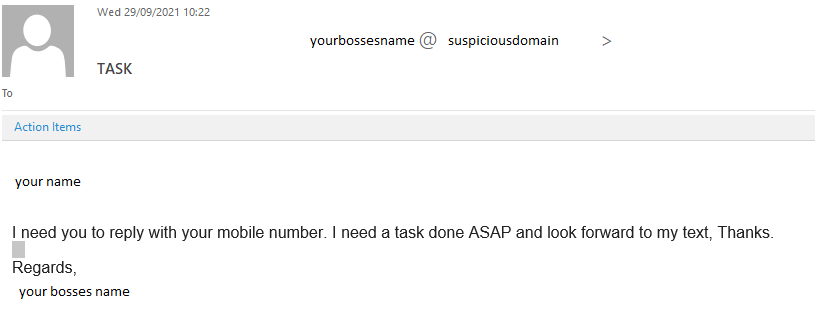 Example spear phishing email using minimal content and a sense of urgency to prompt a reply