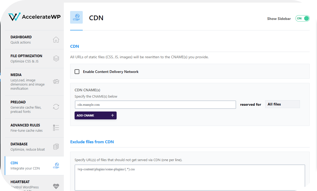 AccelerateWP plugin settings showing the CDN toggle option