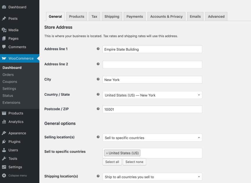 WooCommerce plugin settings screen inside the WordPress admin dashboard